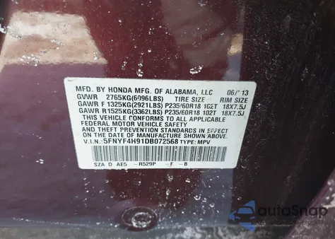 2013 Honda Pilot Touring из США, поврежденный, VIN 5FNYF4H91DB072568